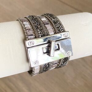 Express Silver and Black Beaded Stones Multi Strand Turn Lock Cuff Bracelet